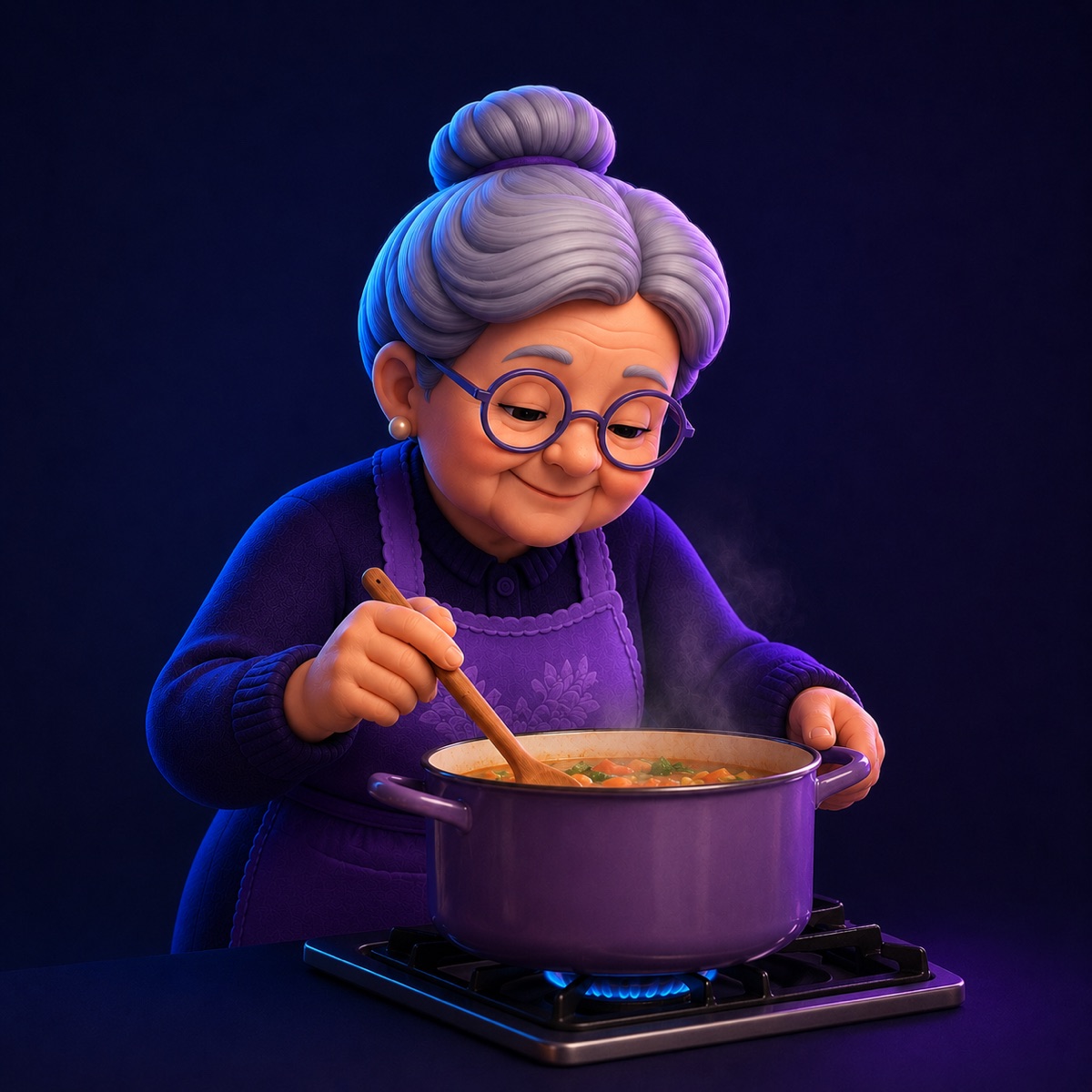 Nana stirring a pot of soup on the stove