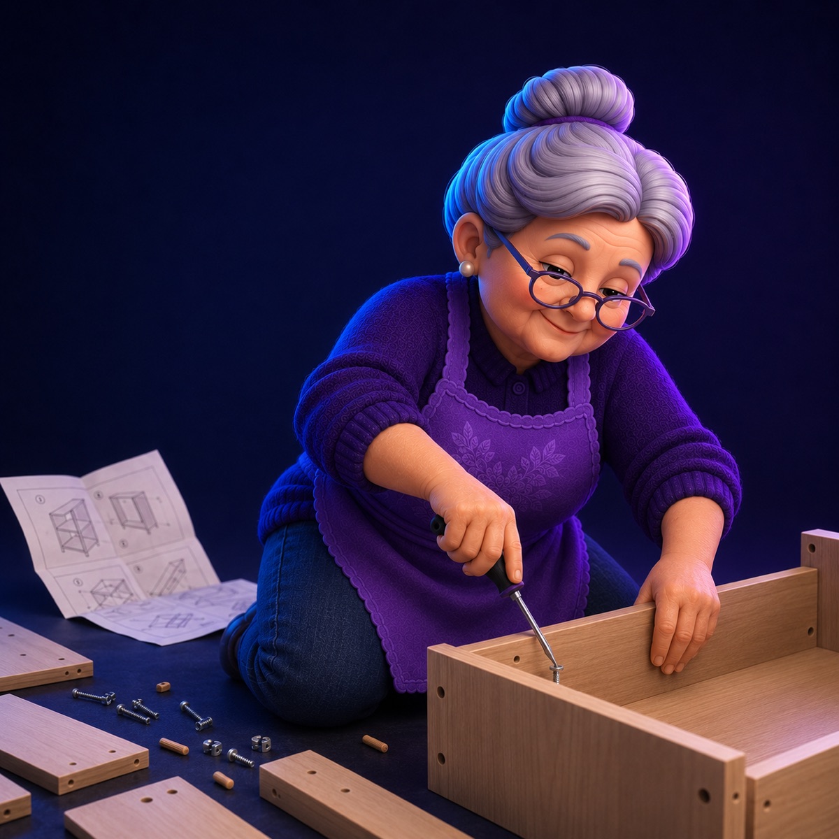 Nana assembling furniture with a screwdriver, the instructions abandoned on the floor