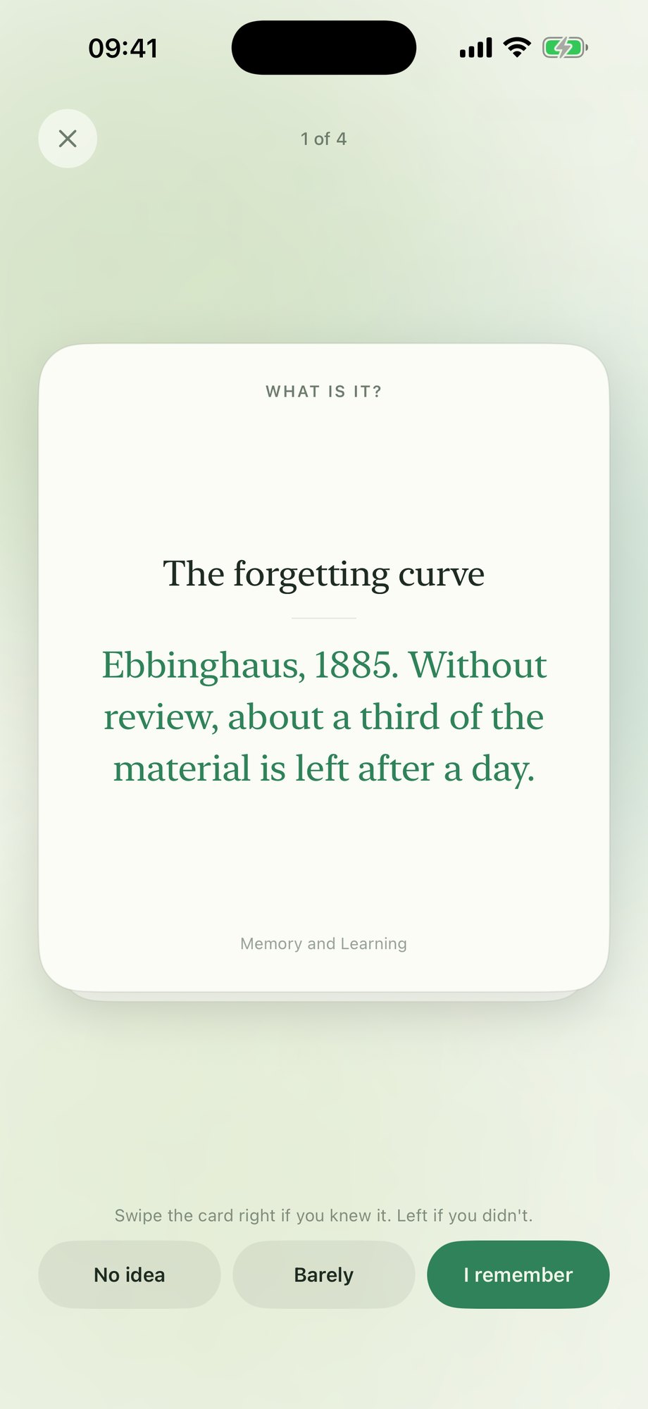 A review card, one of four. The question reads “The forgetting curve”, and the answer underneath: Ebbinghaus, 1885. Without review, about a third of the material is left after a day. Three buttons at the bottom — No idea, Barely, I remember — and a line explaining you swipe right if you knew it and left if you didn’t.