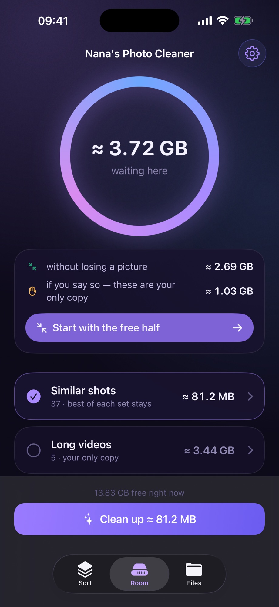 The Room screen in Nana’s Photo Cleaner. A large ring reads about 3.72 gigabytes waiting here, and beneath it the total is split in two: about 2.69 gigabytes that can go without losing a picture, and about 1.03 gigabytes that are your only copy. A button reads Start with the free half. Below, Similar shots holds about 81.2 megabytes across 37 photos and Long videos about 3.44 gigabytes across 5.