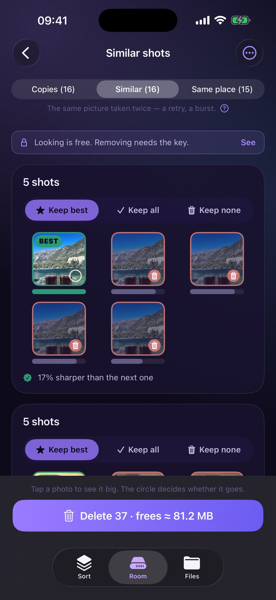 The Similar shots screen, on the Similar tab of three. A set of five near-identical photographs of drinks in front of a mountain lake, the first one marked BEST in green with a sharpness bar under each, and a line reading 17 percent sharper than the next one. A banner above says looking is free and removing needs the key, and the button at the bottom reads Delete 37, frees about 81.2 megabytes.
